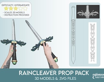 May include: Two Raincleaver prop swords with silver blades, black handles, and teal accents. The image also includes a line drawing of the sword and a decorative element. Text on the image reads "RAINCLEAVER PROP PACK 3D MODELS & .SVG FILES".