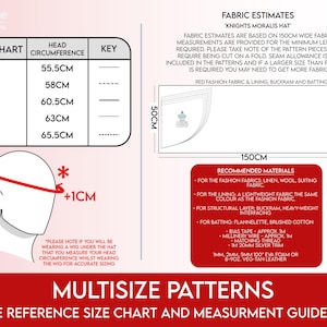 May include: A size chart for a hat pattern, with head circumference measurements in centimeters ranging from 55.5cm to 65.5cm. Includes fabric estimates, recommended materials, and a diagram illustrating head measurement.