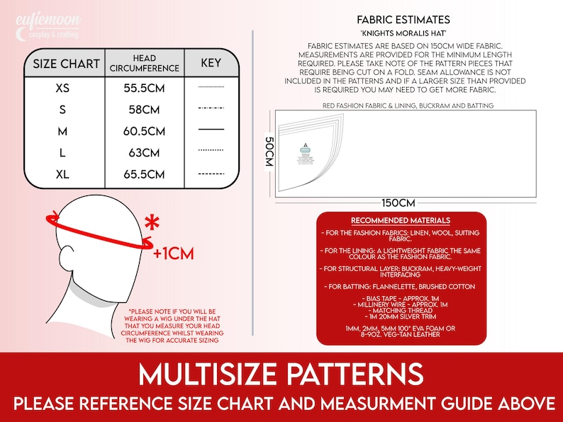 May include: A size chart for a hat pattern, with head circumference measurements in centimeters ranging from 55.5cm to 65.5cm. Includes fabric estimates, recommended materials, and a diagram illustrating head measurement.