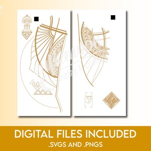 Puede incluir: Dos dise&ntilde;os de archivos digitales rectangulares blancos con ilustraciones doradas de estilo art d&eacute;co. Los dise&ntilde;os presentan formas geom&eacute;tricas, patrones de rayos de sol y el texto "DIGITAL FILES INCLUDED .SVGS AND .PNGS".