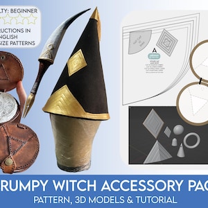 Puede incluir: Un paquete de accesorios de bruja gru&ntilde;ona con un sombrero de bruja negro y dorado, una varita plateada y marr&oacute;n y bolsas de cuero. La imagen incluye instrucciones en ingl&eacute;s y modelos 3D. Dificultad: Principiante.