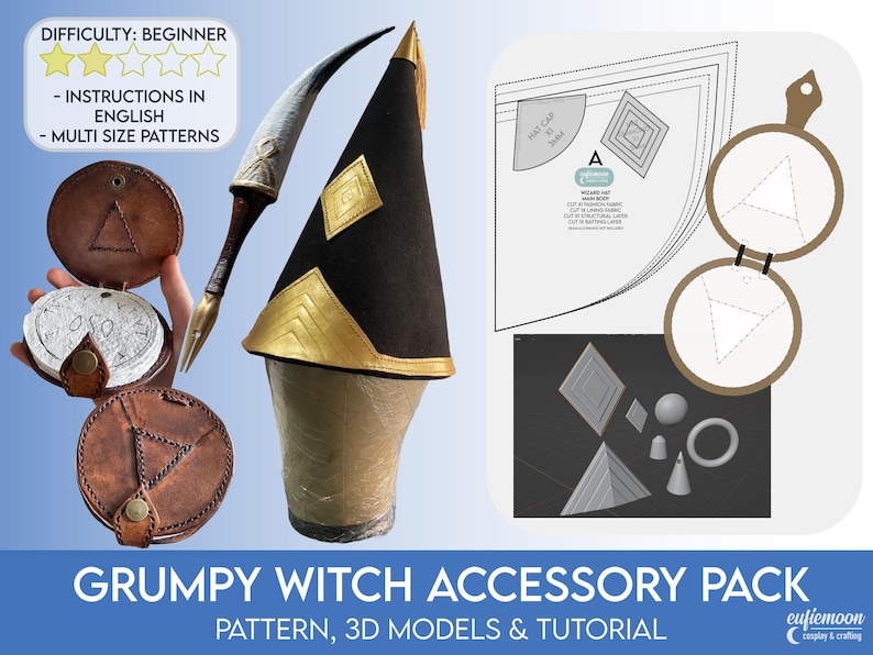 Puede incluir: Un paquete de accesorios de bruja gru&ntilde;ona con un sombrero de bruja negro y dorado, una varita plateada y marr&oacute;n y bolsas de cuero. La imagen incluye instrucciones en ingl&eacute;s y modelos 3D. Dificultad: Principiante.