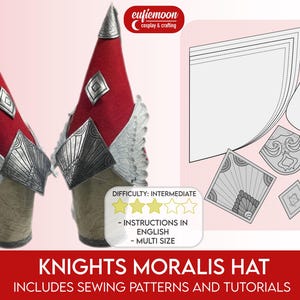 Puede incluir: Dos sombreros Knights Moralis rojos y plateados con detalles de alas y diamantes. La imagen también incluye patrones de costura y tutoriales para el sombrero. El nivel de dificultad es intermedio.