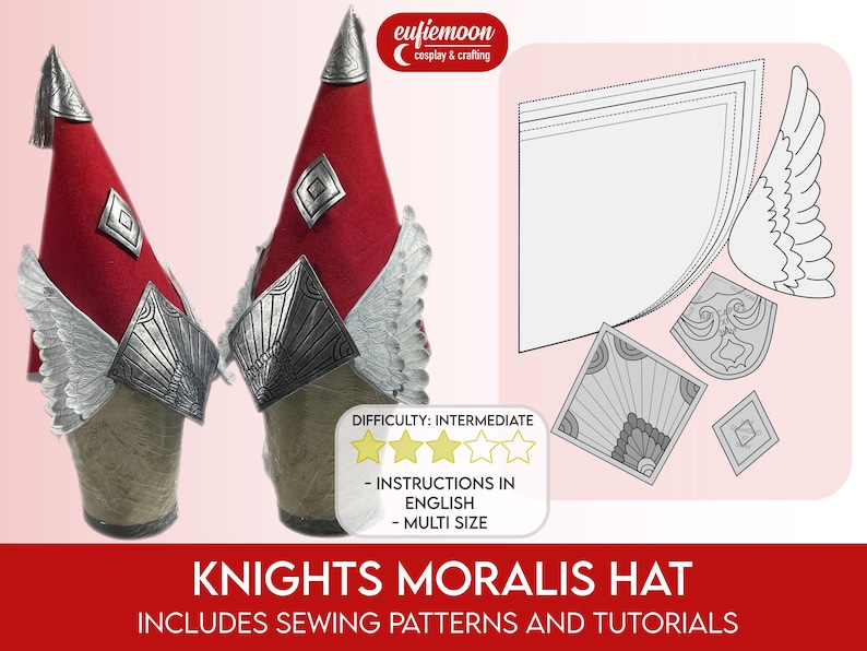 May include: Two red and silver Knights Moralis hats with wing accents and diamond details. The image also includes sewing patterns and tutorials for the hat. The difficulty level is intermediate.