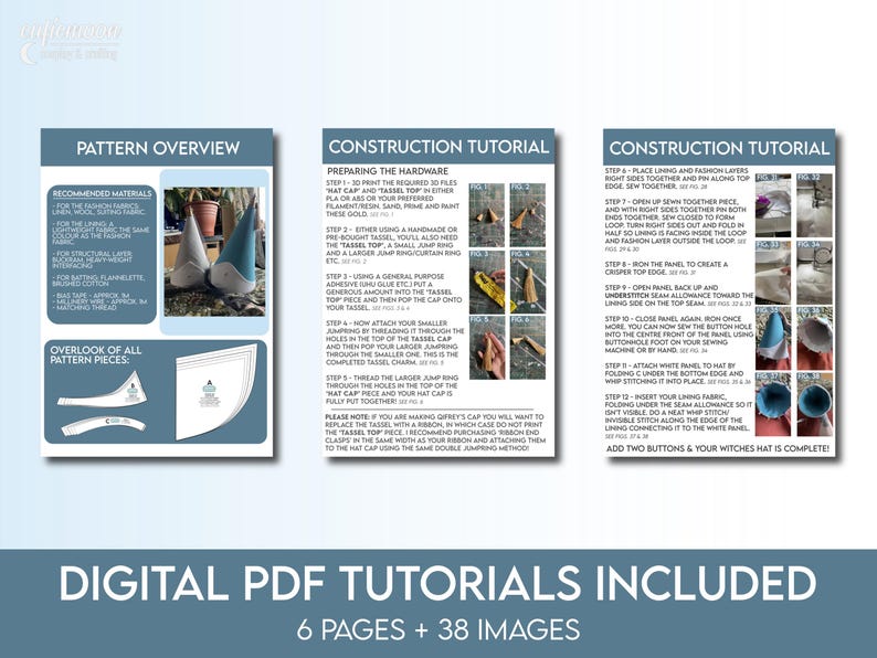 May include: Digital PDF tutorials for crafting witch hats, featuring detailed instructions across six pages with 38 images. Includes pattern overview, material recommendations, and step-by-step construction tutorials.