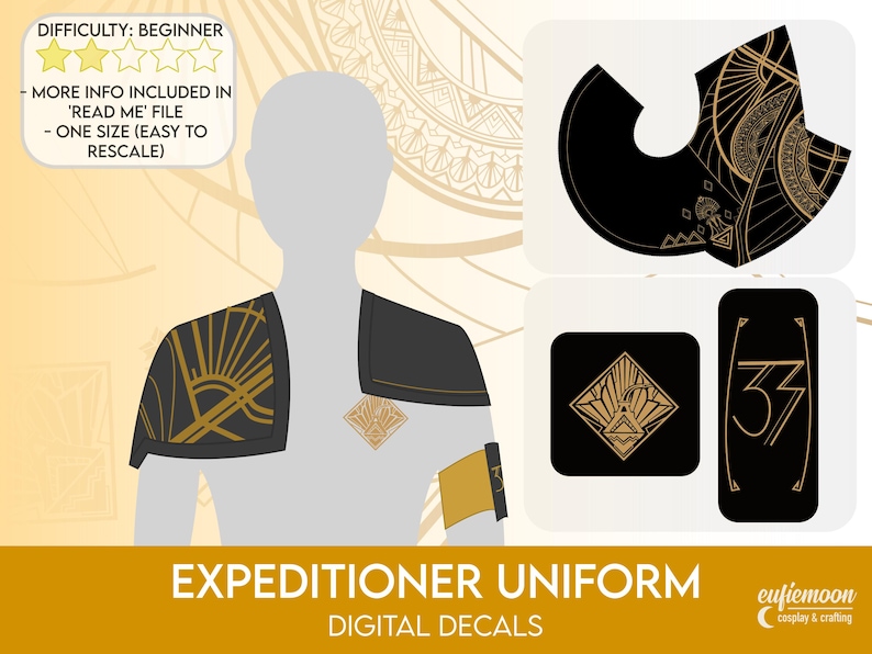 Puede incluir: Calcoman&iacute;as digitales para un uniforme de expedicionario. El dise&ntilde;o presenta elementos de estilo art d&eacute;co en negro y dorado. Incluye una hombrera, una banda de brazo y dos calcoman&iacute;as cuadradas y rectangulares.