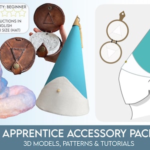 Puede incluir: Un paquete de accesorios de aprendiz con un gorro cónico azul y blanco, un gusano de peluche con un gorro rosa y bolsas de cuero. La imagen incluye el texto "APPRENTICE ACCESSORY PACK" y "3D MODELS, PATTERNS & TUTORIALS".
