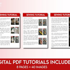 May include: Three-panel image of a sewing tutorial. Each panel features instructions and images. The top panels read "SEWING TUTORIAL" in red. The bottom panel reads "DIGITAL PDF TUTORIALS INCLUDED 8 PAGES + 40 IMAGES" in white text on a red background.