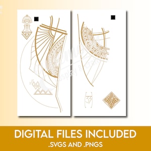 May include: Two white rectangular digital file designs with gold art deco style illustrations. The designs feature geometric shapes, sunburst patterns, and the text "DIGITAL FILES INCLUDED .SVGS AND .PNGS".