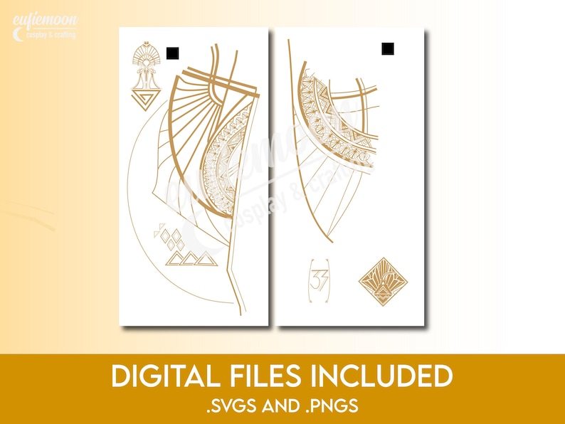 May include: Two white rectangular digital file designs with gold art deco style illustrations. The designs feature geometric shapes, sunburst patterns, and the text "DIGITAL FILES INCLUDED .SVGS AND .PNGS".