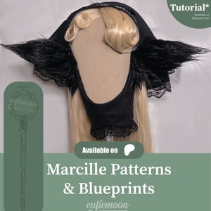 May include: Black hooded costume with black lace trim and black fur ear accents. The costume is on a mannequin with blonde hair. The text "Available on Marcille Patterns & Blueprints eufiemoon cosplay & crafting" is on a green background.