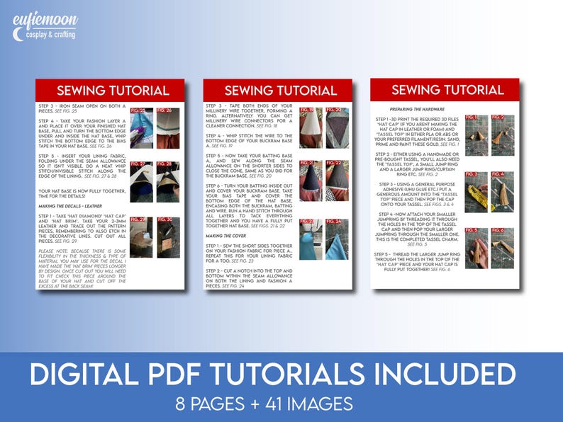 Puede incluir: Tutorial de costura en PDF digital con instrucciones e im&aacute;genes para crear un sombrero. Incluye 8 p&aacute;ginas y 41 im&aacute;genes. Cubre t&eacute;cnicas y materiales para la construcci&oacute;n de sombreros.
