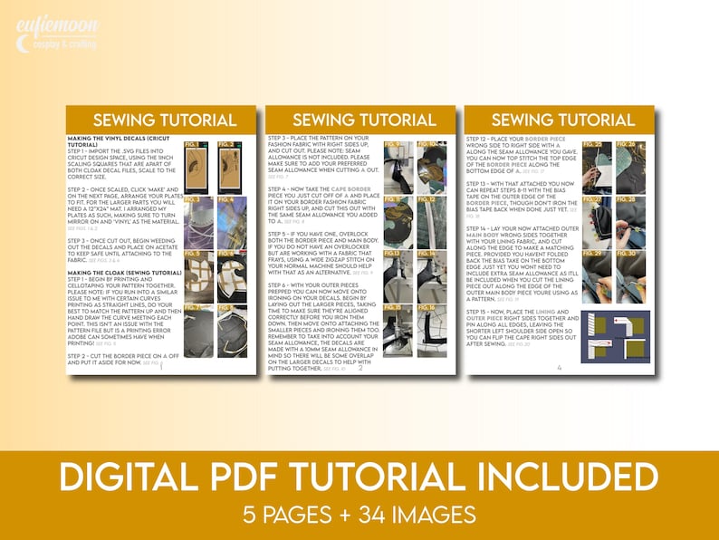 May include: Digital PDF sewing tutorial with 5 pages and 34 images. The tutorial provides instructions for making a cloak, with detailed steps and diagrams for cutting, assembling, and sewing the garment. The tutorial is designed for use with a Cricut machine.
