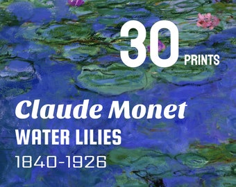 May include: A blue and green abstract painting of water lilies by Claude Monet. The painting is titled "Water Lilies" and the artist's name is written in white text. The text "30 Prints" is also included in the image.