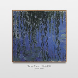 Puede incluir: Una pintura de un sauce llorón con tonos azules y verdes. La pintura está enmarcada en un marco de madera. El nombre del artista, Claude Monet, y los años 1840-1926 están escritos debajo de la pintura.
