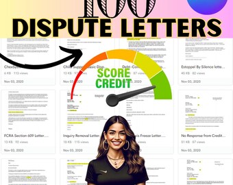 May include: A collage of 100 dispute letters for credit score improvement. The letters are organized in a grid with titles like "ChexSys", "FCRA Section 609 Letter", "Inquiry Removal Letter", "Debt Collection", "Estoppel By Silence Letter", "No Response from Credit", "Pay For Delete Letter", "Personal Identification", "Round 1 Dispute Letter". The letters are all dated November 3, 2020. A green, yellow, and red credit score meter is in the center of the image with the words "Score Credit" in black.