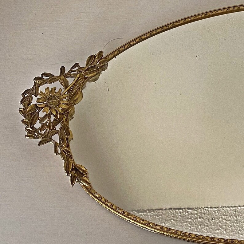 Vintage Ornate Brass Mirror Vanity Tray Etsy