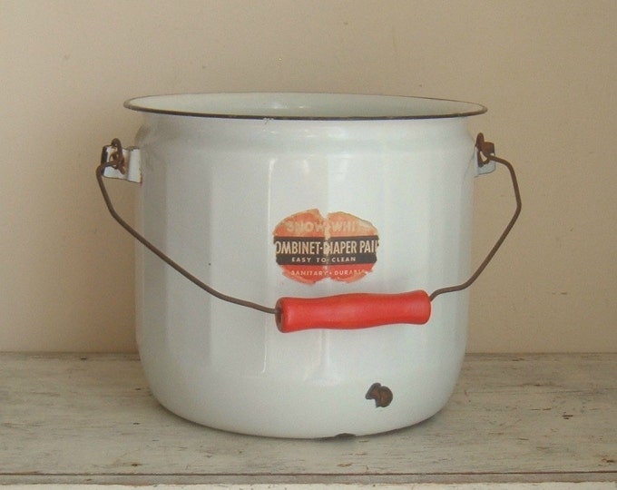 Vintage White and Black Enamel Diaper Pail With Red Handle Etsy