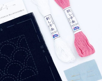 Kit Sashiko para principiantes, patrones Sashiko, preimpreso en tela de algodón, incluye hilos Sashiko rosas y blancos y agujas Sashiko