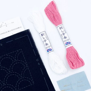 Beginner Sashiko Kit, Sashiko Patterns,  Preprinted on Cotton Fabric, includes pink and white Sashiko threads and Sashiko needles