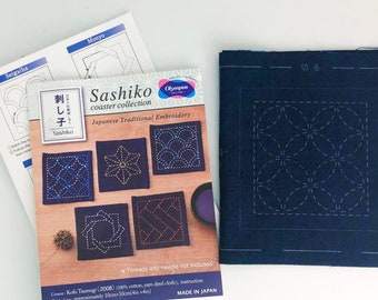 Sashiko Mini Sampler Kit, Sashiko Patterns, Sashiko Sampler, Set mit 5 Mustern, vorgedruckt auf Baumwollstoff