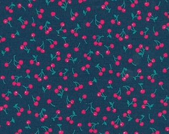 Cherry print fabric, Sevenberry Petite Classics in navy floral, Fabric by the Half Yard