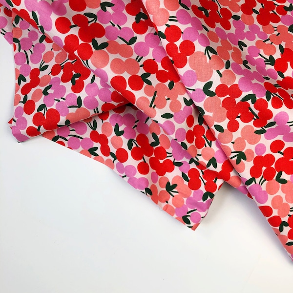 Cherry Blossom Fabric, Fabric by the half Yard, Red Pink Sakura Pattern, Floral Print Cotton Quilting Fabric, Wishwell  by Robert Kaufman,