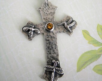 Sterling Silver Winged Critters Cross Pendant Dragonfly Honeybee Hummingbird