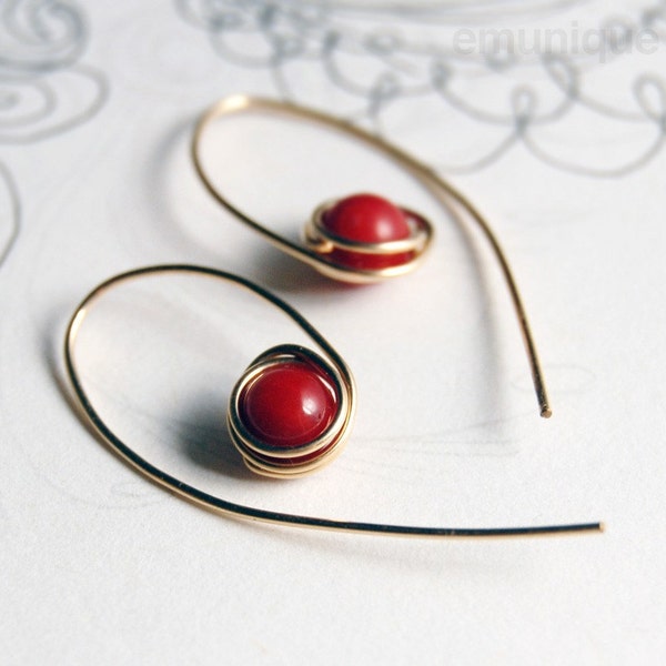 Reserved for Suanne Smooth Red Coral Earrings Wrapped in Gold Fill Wire, Free Shipping