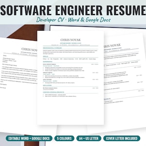 May include: A software engineer CV template displayed on a screen, featuring the text "SOFTWARE ENGINEER RESUME" at the top. The document includes sections for professional summary, skills, experience, education, and certifications.