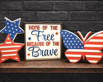 4th of July Decor, Patriotic tiered tray, USA shelf sitter
