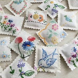 10 LAVENDER SACHETS Embroidered Vintage Textiles FREE Shipping