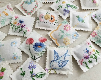 10 LAVENDER SACHETS Embroidered Vintage Linens FREE Shipping Holiday Gift Idea