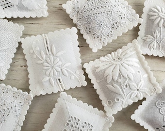 10 LAVENDER SACHETS White-On-White Embroidered Vintage Linens FREE Shipping  Gift Idea