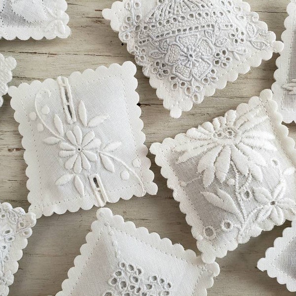 10 LAVENDER SACHETS White-On-White Embroidered Vintage Linens FREE Shipping Holiday Gift