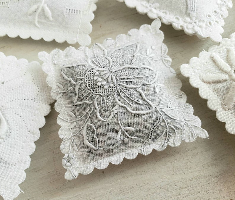 10 LAVENDER SACHETS Embroidered White-On-White Vintage Textiles FREE Shipping image 6