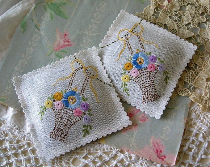 Vintage Embroidered Basket of Flowers LAVENDER SACHETS Etsy