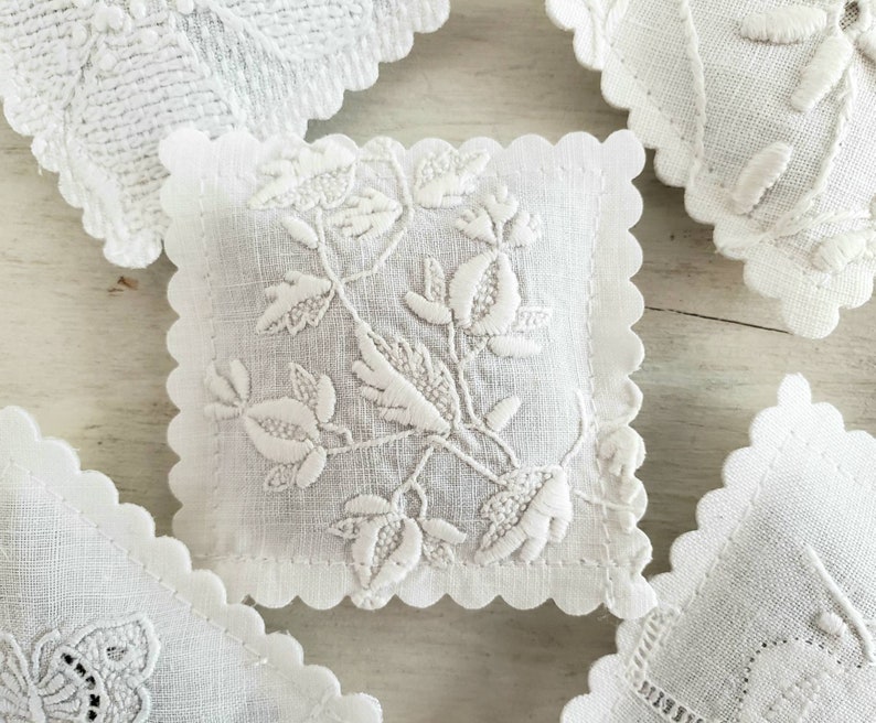 10 LAVENDER SACHETS White-On-White Embroidered Vintage Linens FREE Shipping Holiday Gift image 4