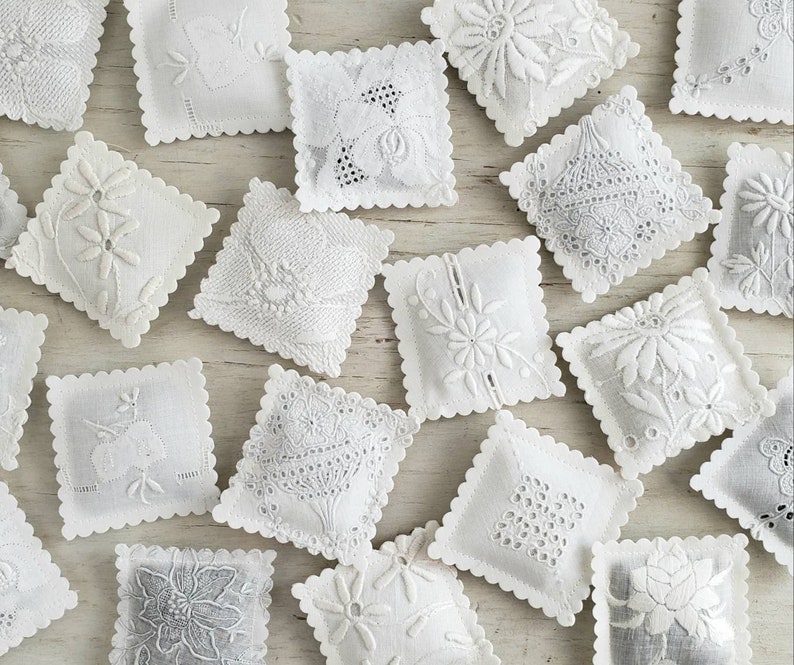 10 LAVENDER SACHETS White-On-White Embroidered Vintage Linens FREE Shipping Holiday Gift image 3