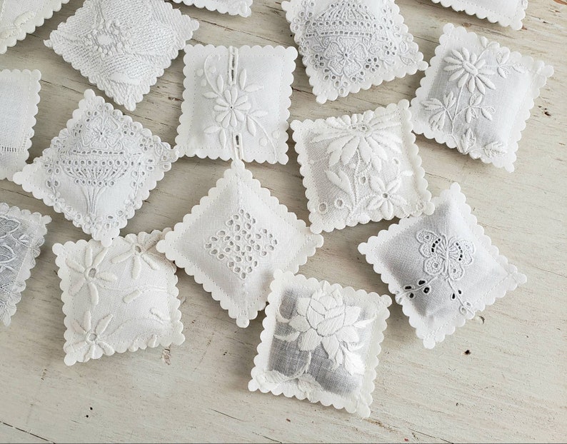 10 LAVENDER SACHETS White-On-White Embroidered Vintage Linens FREE Shipping Holiday Gift image 7