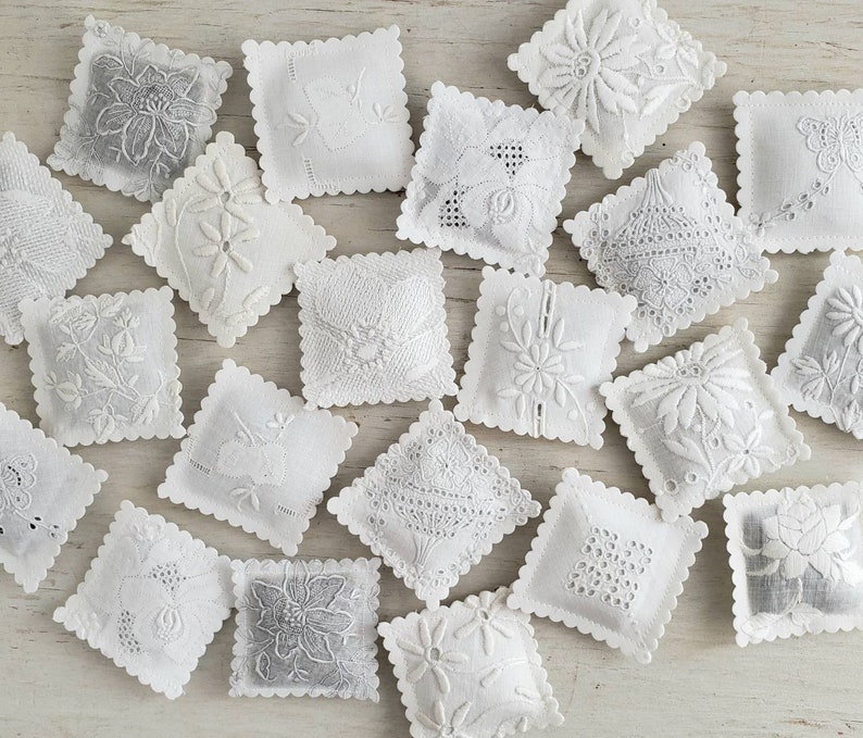 10 LAVENDER SACHETS White-On-White Embroidered Vintage Linens FREE Shipping Holiday Gift image 8