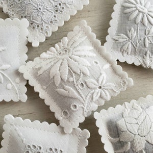 10 LAVENDER SACHETS White-On-White Embroidered Vintage Linens FREE Shipping Holiday Gift image 2