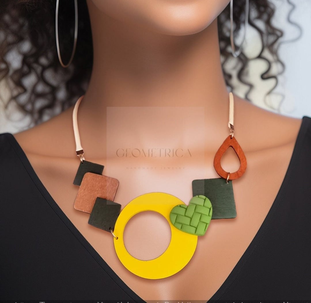 Bold Retro Statement Necklace with Multicolored Geometric Design, Clay Hand Painted