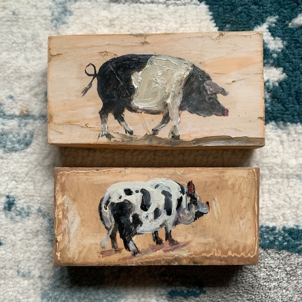 Belted Sow, Original oil painting on salvaged wood, art piece, folk art, Pigs, black and white , home decor