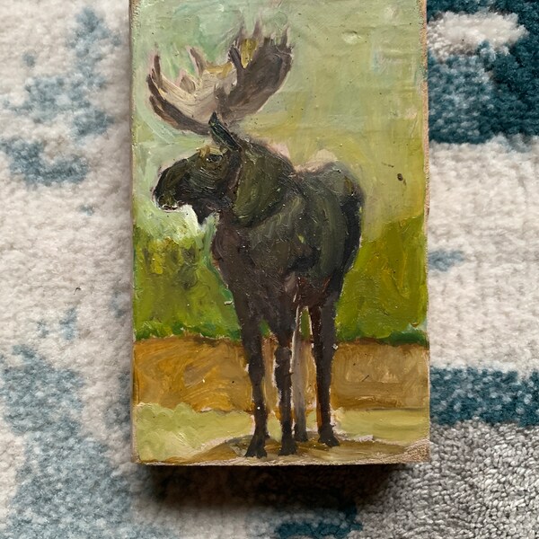 Bull Moose, Original oil painting  on salvaged wood, ornament, home decor, wild animal art , folk art,