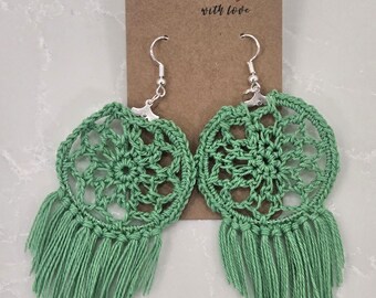 Crochet Dream Catcher Earrings (Leaf Green)