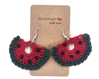 Crocheted Watermelon Slice Earrings with Seed Beads, Sterling Silver Hooks
