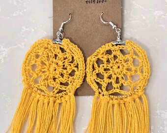 Crochet Dream Catcher Earrings (Goldenrod)