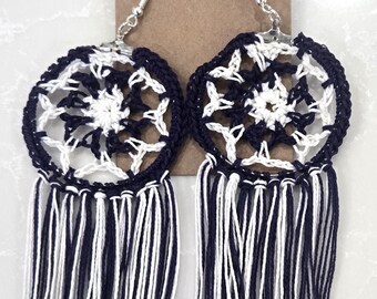 Crochet Dream Catcher Earrings (Navy and White)