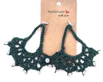 Teardrop Crochet Earrings with Beads (Forest Green)